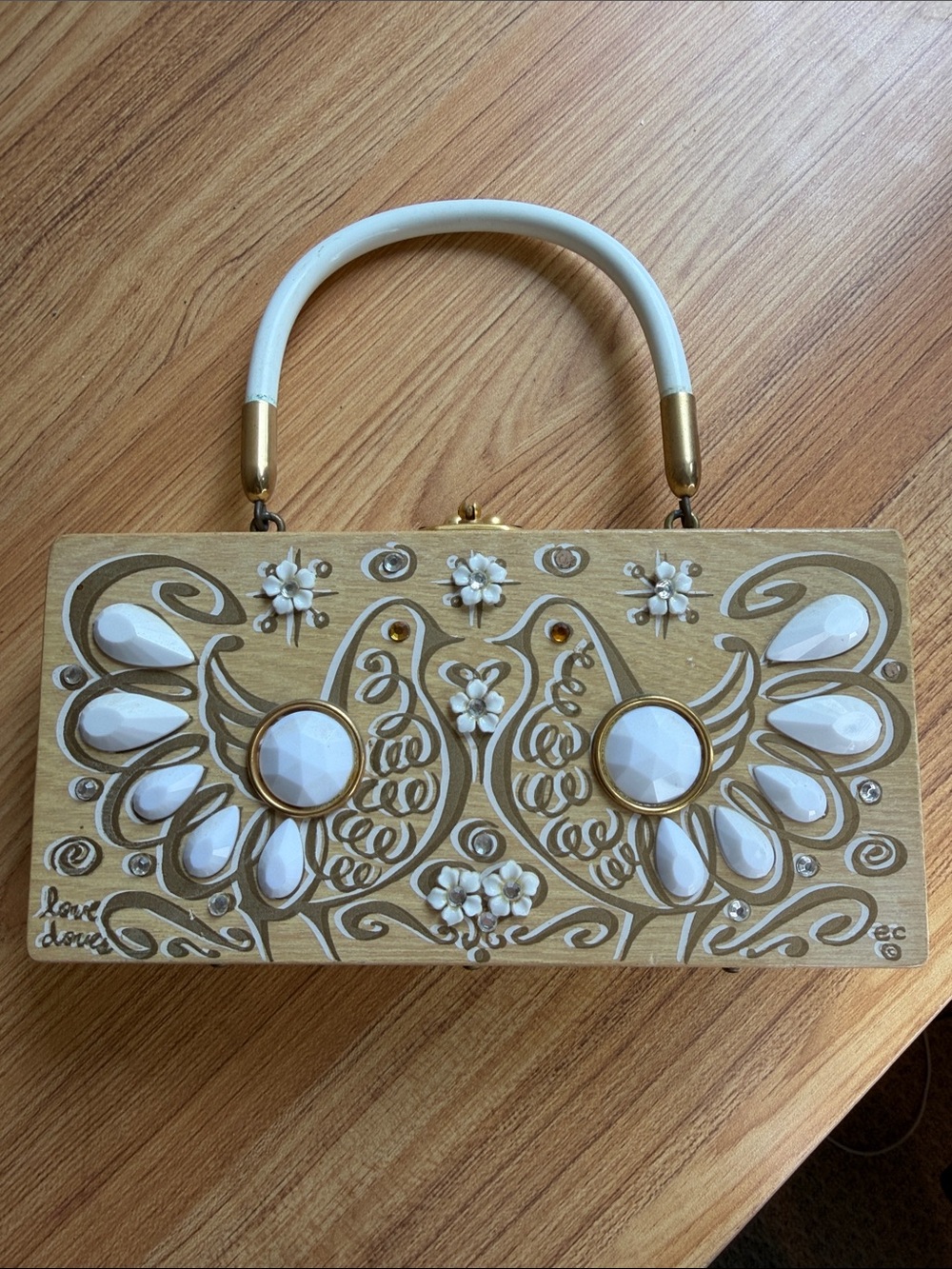 Vintage 1960s Enid Collins "Love Doves" Wood Jeweled Box Bag Purse 8.5x4x2”